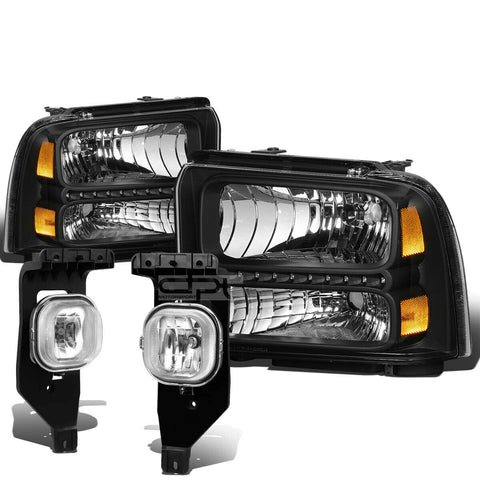 05-07 SUPERDUTY BLACK AMBER LED HEADLIGHT+TRUN SIGNAL+CHROME OE FOG LIGHT