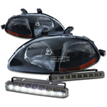 BLACK HOUSING HEAD+AMBER CORNER+SMOKED LED FOG LIGHT KIT  96-98 CIVIC EK/EJ