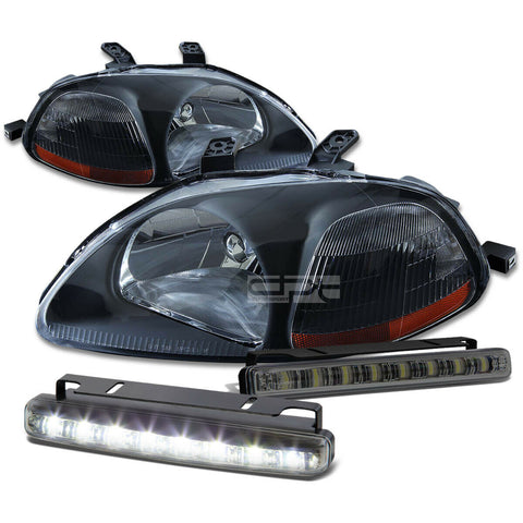 BLACK HOUSING HEAD+AMBER CORNER+SMOKED LED FOG LIGHT KIT  96-98 CIVIC EK/EJ