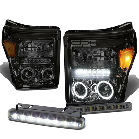 SMOKED DUAL HALO PROJECTOR+LED DRL HEADLIGHT+FOG LIGHT SET  11-16 SUPERDUTY
