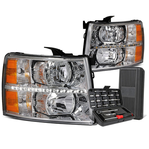 2007-2014 Chevy Silverado LED DRL Bar Chrome Amber Side Headlights+Too