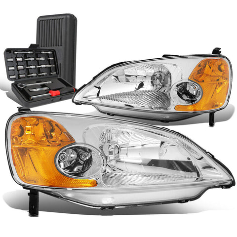 2001-2003 Honda Civic Pair Chrome/Amber Signal Headlight Head Lamp+Tool Box