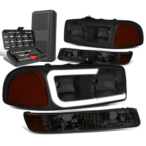1999-2007 Sierra Yukon LED Bar Headlight Bumper Lamps+Tool Box Smoked/Amber