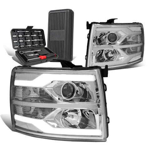 2007-2014 Silverado Dual LED Tube Projector Headlight+Tool Box Chrome Clear