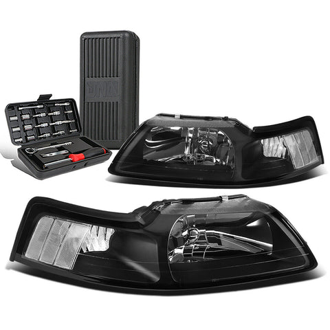 1999-2004 d Mustang Pair Black/Clear Corner Headlight Head Lamp+Tool Box
