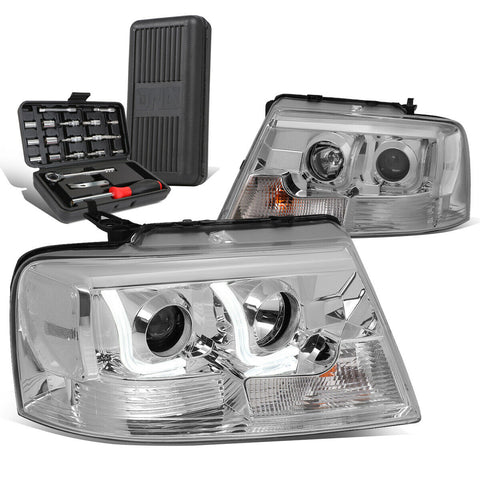 2004-2008 d F-150 Chrome/Clear LED DRL Bar Projector Headlight+Tool Box