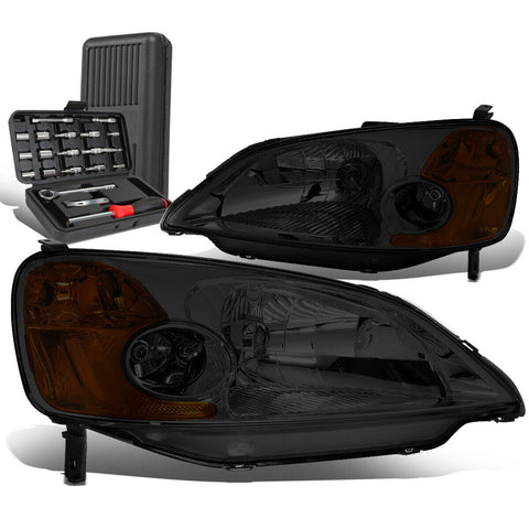 2001-2003 Honda Civic Pair Smoked/Amber Signal Headlight Head Lamp+Tool Box