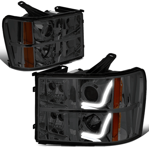 2007-2014 GMC Sierra Smoked Amber Signal 3D LED Bar Projector Headlights
