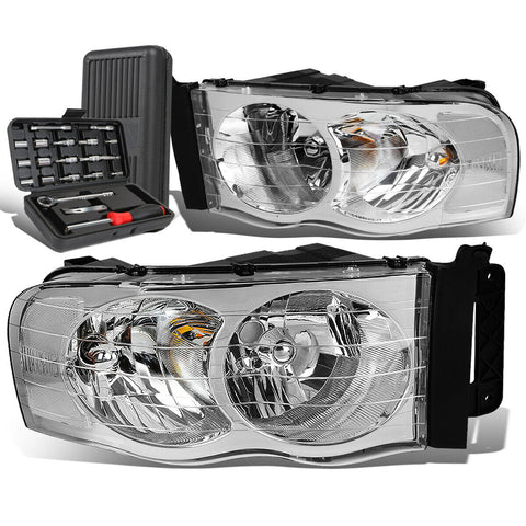 2002-2005 Dodge Ram Pickup Pair Chrome/Clear Signal Headlight Lamps+Tool Box