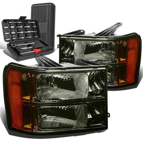 2007-2013 GMC Sierra 1500 Pair Smoked/Amber Signal Headlight Lamps+Tool Box