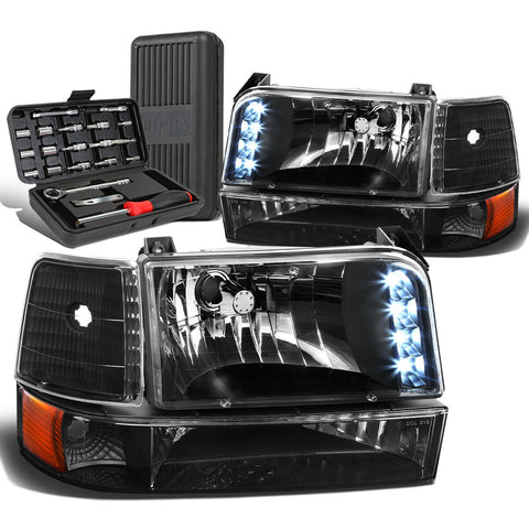 1992-1996 d F-Series LED DRL Black Amber Bumper Headlight Lamps+Tool Box