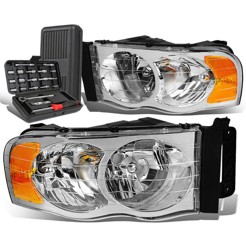2002-2005 Dodge Ram Pickup Pair Chrome/Amber Signal Headlight Lamps+Tool Box