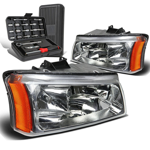 2003-2006 Chevy Silverado Chrome/Amber Signal Upper Headlight Lamps+Tool Box