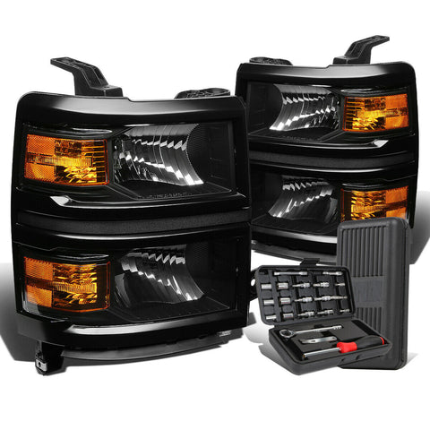 2014-2015 Chevy Silverado Pair Black/Amber Signal Headlight Lamps+Tool Box