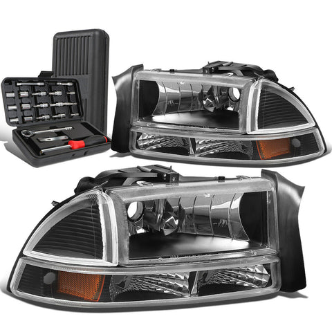 1997-2004 Dodge Durango Pair Black Headlight Amber Bumper Lamp Set+Tool Box