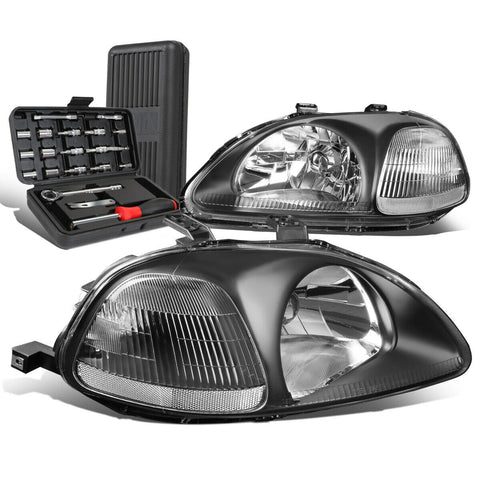 1996-1998 Honda Civic Pair Black/Clear Signal Headlight Head Lamp+Tool Box