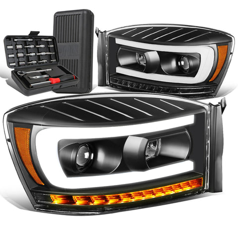 2006-2009 Dodge Ram LED Sequential Black Amber Projector Headlight+Tool Box