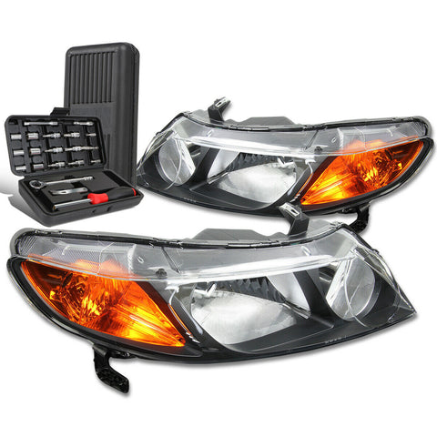 2006-2011 Honda Civic Sedan Pair Black/Amber Signal Headlight Lamp+Tool Box