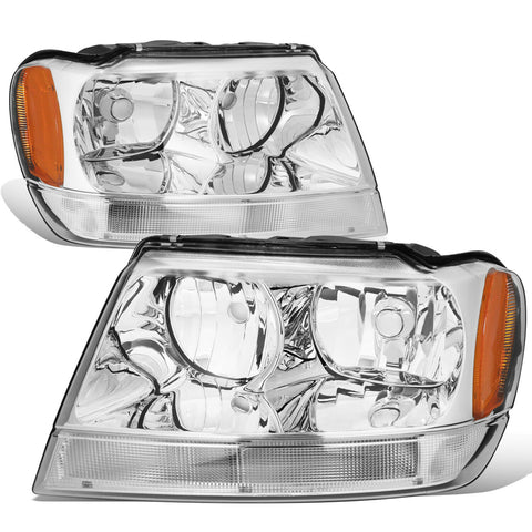 1999-2004 Jeep Grand Cherokee Chrome Housing Amber Corner Headlight/Lamp Set