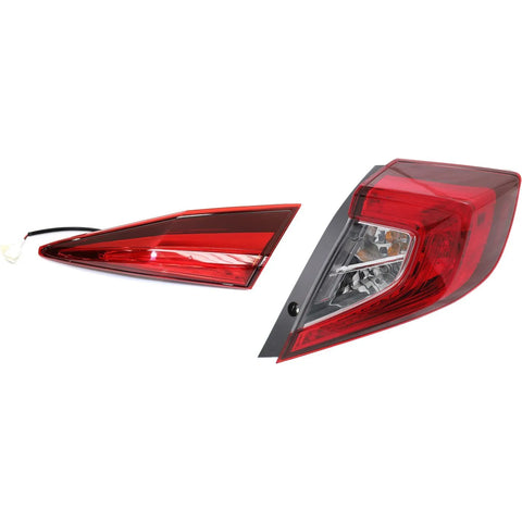 Tail Light Set For 2016-2021 Honda Civic Right Inner and Outer Clear/Red Halogen