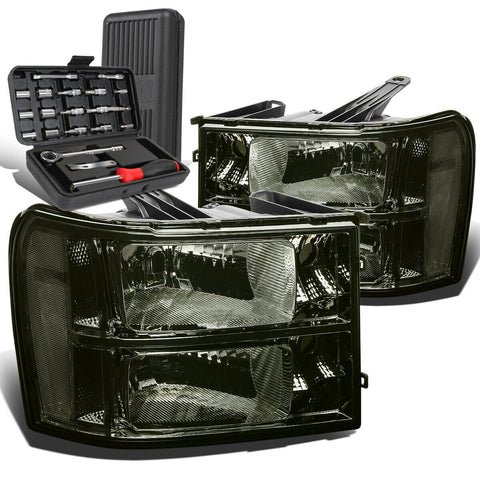 2007-2013 GMC Sierra 1500 Pair Smoked/Clear Singal Headlight Lamps+Tool Box