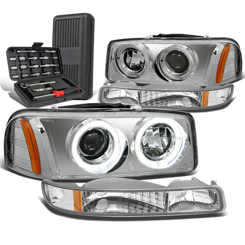 1999-2006 Sierra Dual Halo Projector Headlight w/Bumper Lamp+Tool Box Chrome