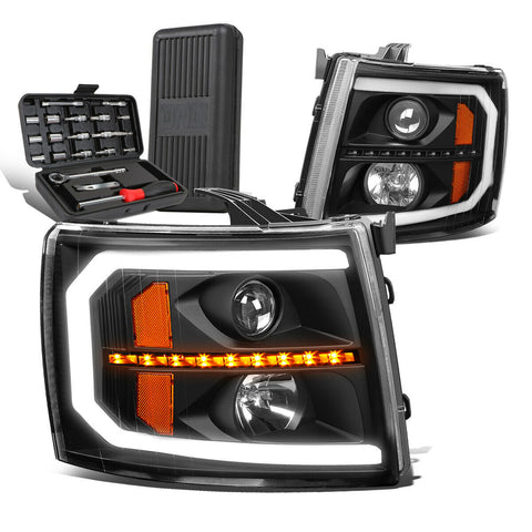 2007-2014 Silverado LED DRL Tube Sequential Projector Headlights+Too