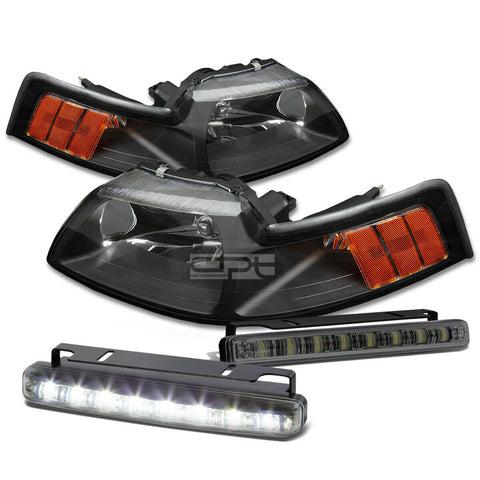 BLACK HOUSING HEAD+AMBER CORNER+SMOKED LED FOG LIGHT KIT  99-04 D MUSTANG