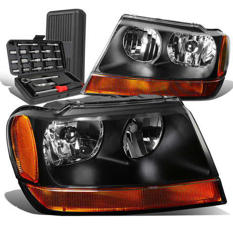 1999-2004 Jeep Grand Cherokee Pair Black/Amber Side Headlight Lamps+Tool Box