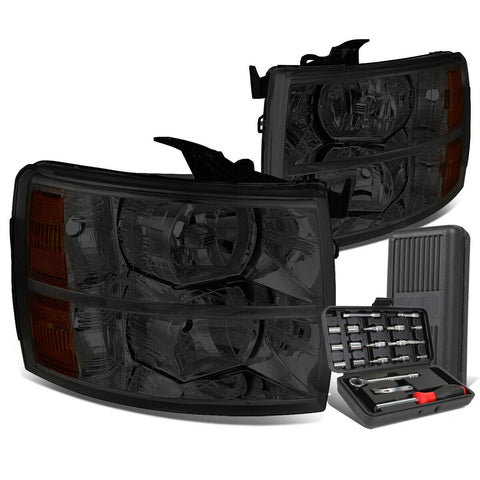 2007-2014 Chevy Silverado Pair Smoked/Amber Signal Headlight Lamps+Tool Box