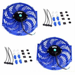 2X 12'' Slim Fan Push Pull Electric Radiator Cooling 12V Universal Kit Blue New