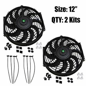 2X 12'' Slim Fan Push Pull Electric Radiator Cooling 12V  Universal Kit BK New