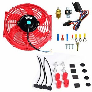 Electric 10'' Radiator Cooling Fan 3/8" Probe Ground Thermostat Switch Kit Red