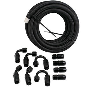 20FT AN6 Stainless Steel Braided Fuel Line 10 Fitting Hose End Kit Swivel Black